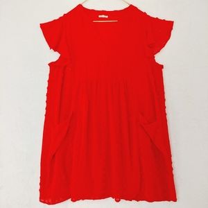 NWT JODIFL Red Flowy Mesh Sheer Embroidered Summer Ruffle Sleeve Top P1910